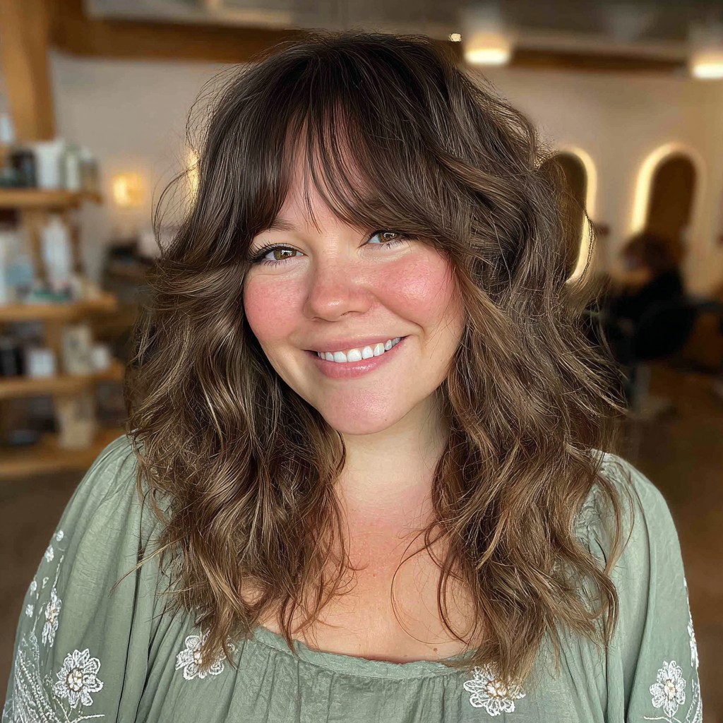 Chic Textured Boho Waves with Soft Bangs