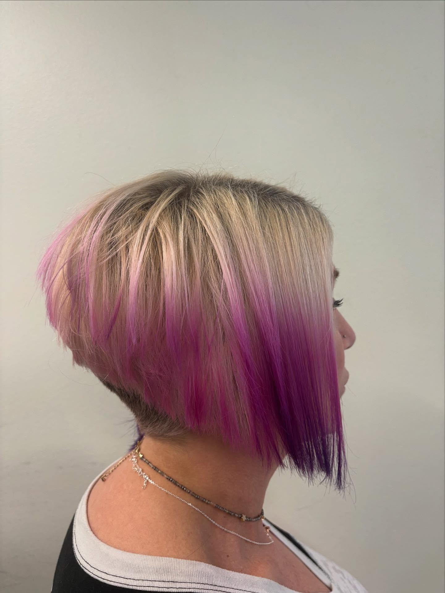 Bold Ombre Stacked Bob with Vibrant Pink and Purple Ends