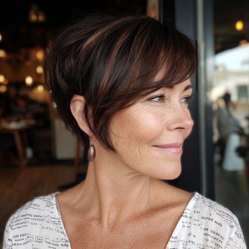 Chic Layered Brown Pixie with Subtle Highlights