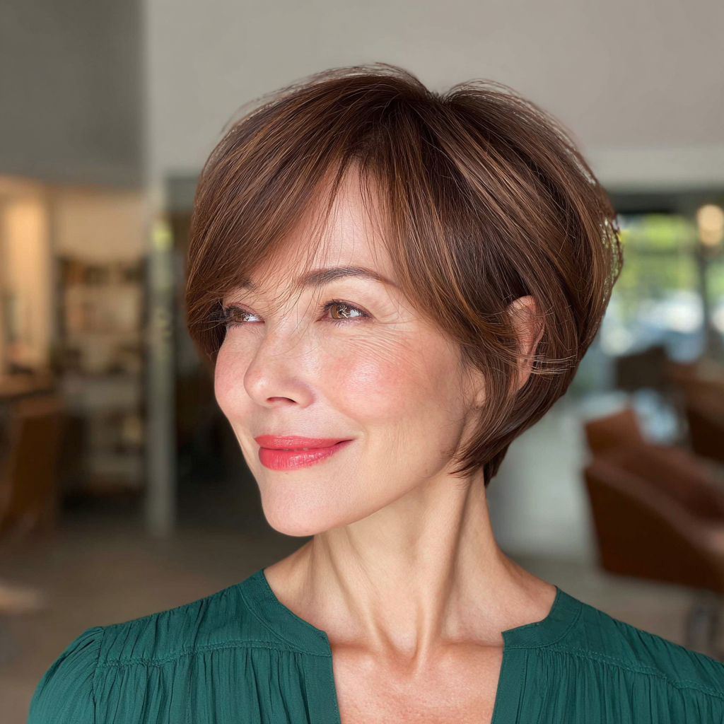 Chic Layered Brunette Pixie Bob with Soft Textured Bangs