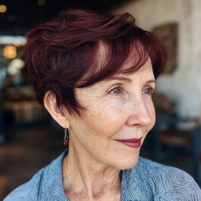 Chic Layered Burgundy Pixie with Soft Textured Bangs