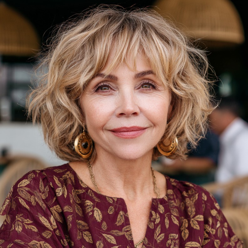 Chic Soft Curly Lob with Warm Blonde Tones