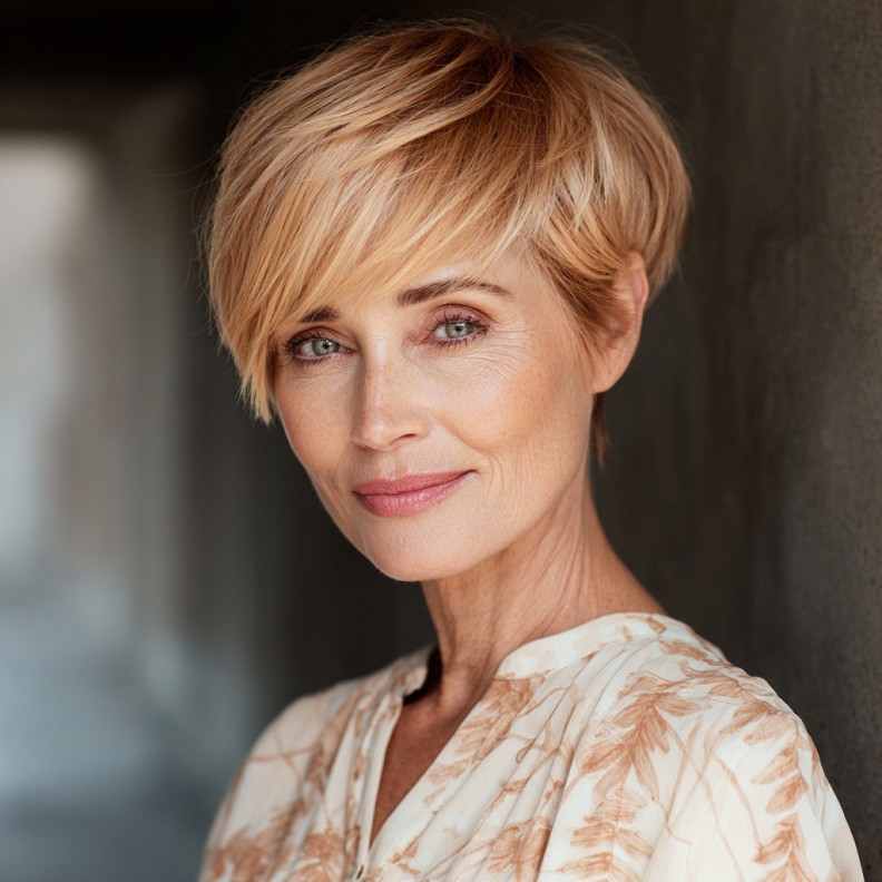 Chic Textured Pixie Cut with Warm Blonde Highlights