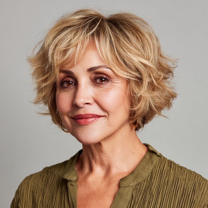 Chic Textured Short Bob with Warm Blonde Highlights