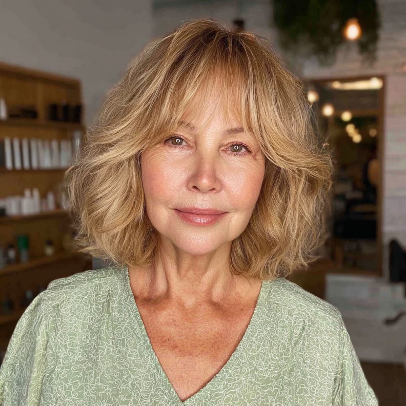 Chic Textured Shoulder-Length Cut with Warm Blonde Tones