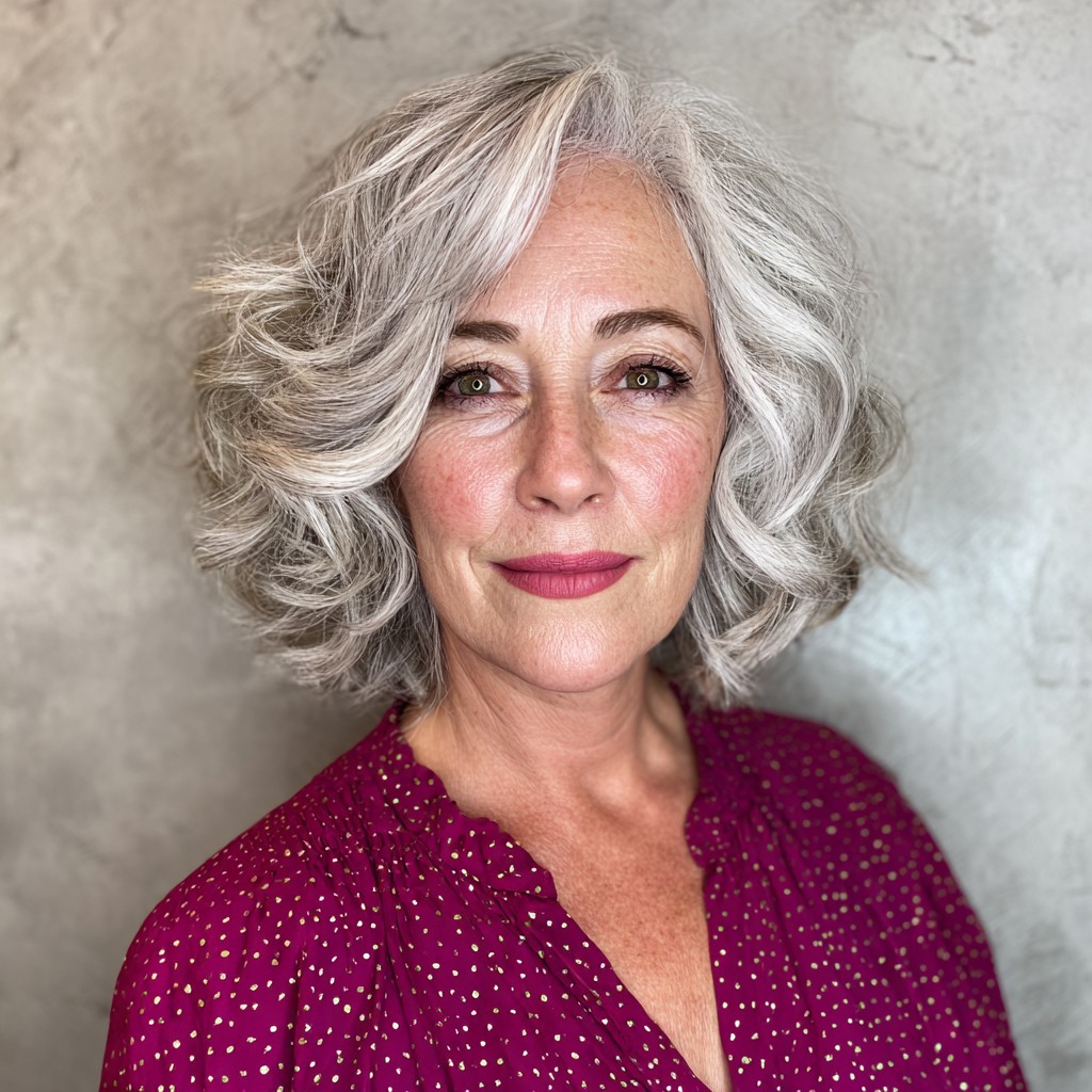 Chic Textured Wavy Bob with Soft Silver Highlights