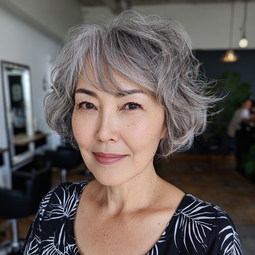 Chic Textured Wavy Cut with Soft Silver Highlights