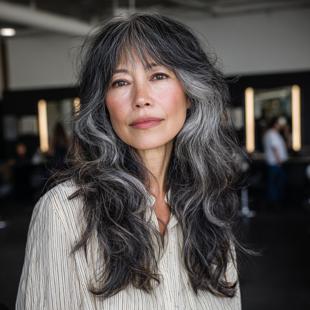 Effortlessly Chic Long Wavy Layers with Face-Framing Bangs