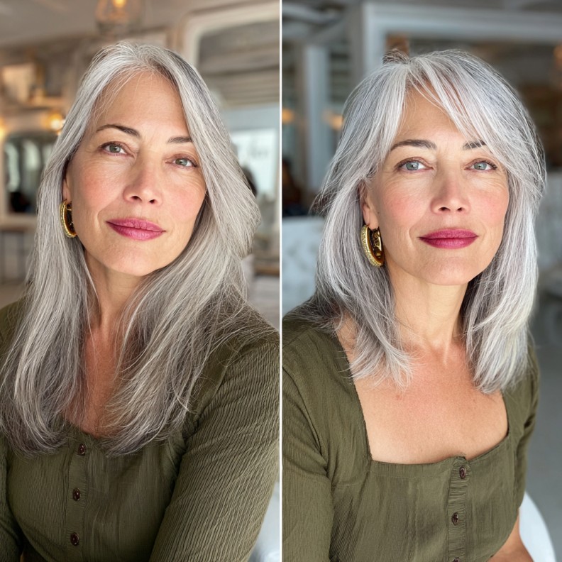Elegant Silver Lob with Soft Angled Bangs