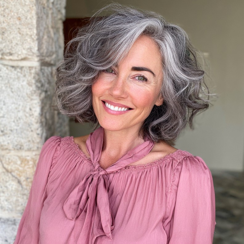 Modern Curly Lob with Soft Angled Bangs