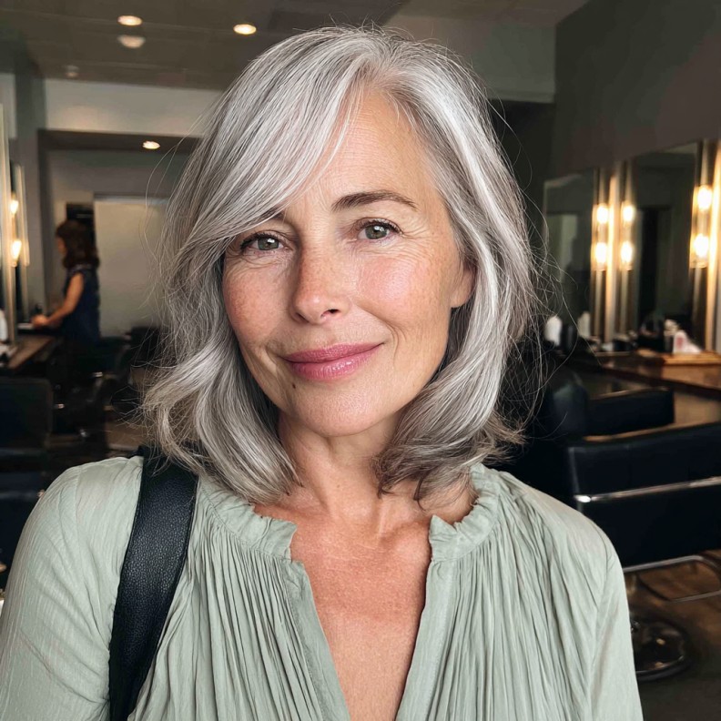 Modern Gray Lob with Soft Angled Bangs