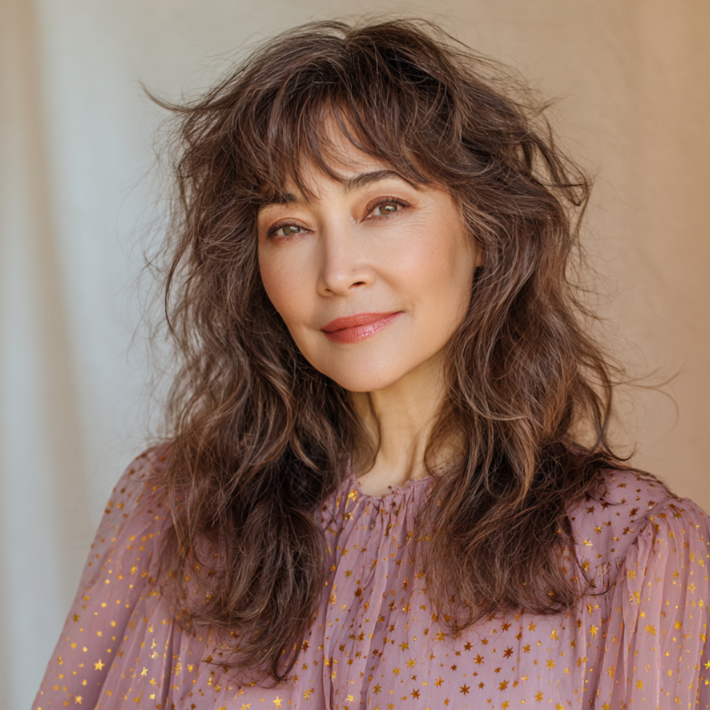 Soft Textured Wavy Layers with Face-Framing Bangs