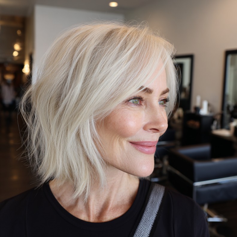 Softly Layered Platinum Cut with Angled Bangs