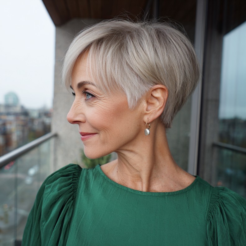Softly Layered Platinum Pixie with Side-Swept Bangs