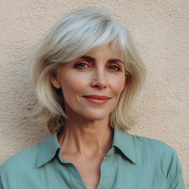 Softly Textured Ash Blonde Cut with Angled Bangs