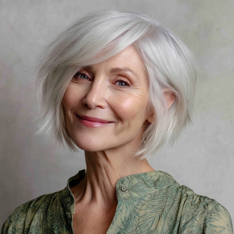 Softly Textured Silver Bob with Angled Bangs