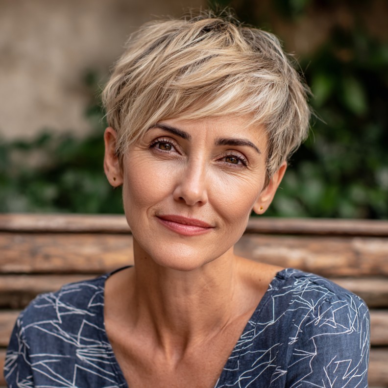 Stylish Short Cut with Textured Angled Bangs