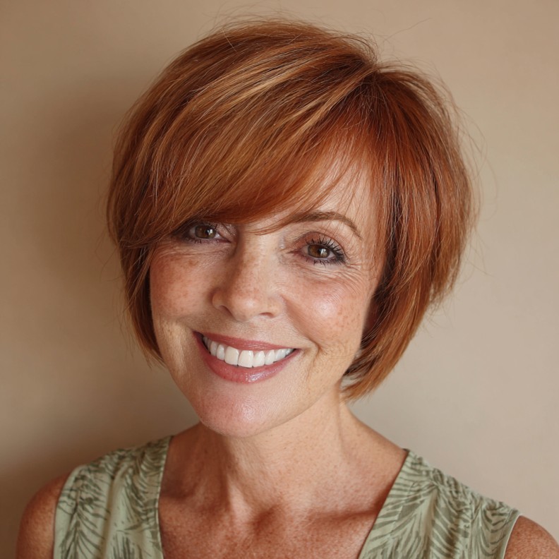 Textured Auburn Bob with Stylish Angled Bangs