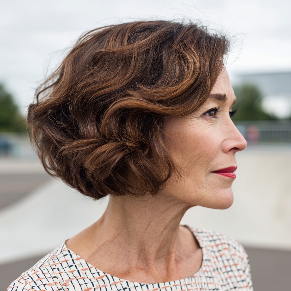 Textured Chestnut Wavy Bob with Soft Highlights