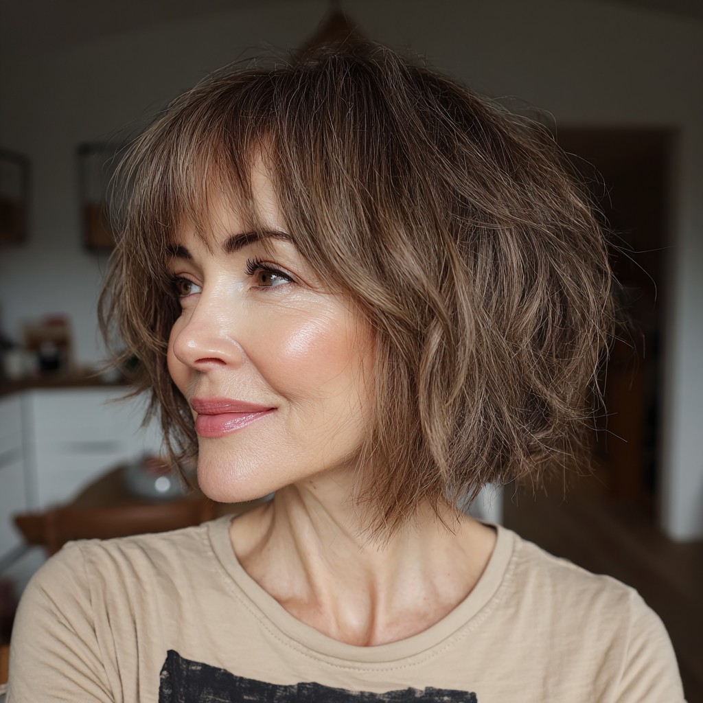 Textured Chin-Length Bob with Wispy Fringe