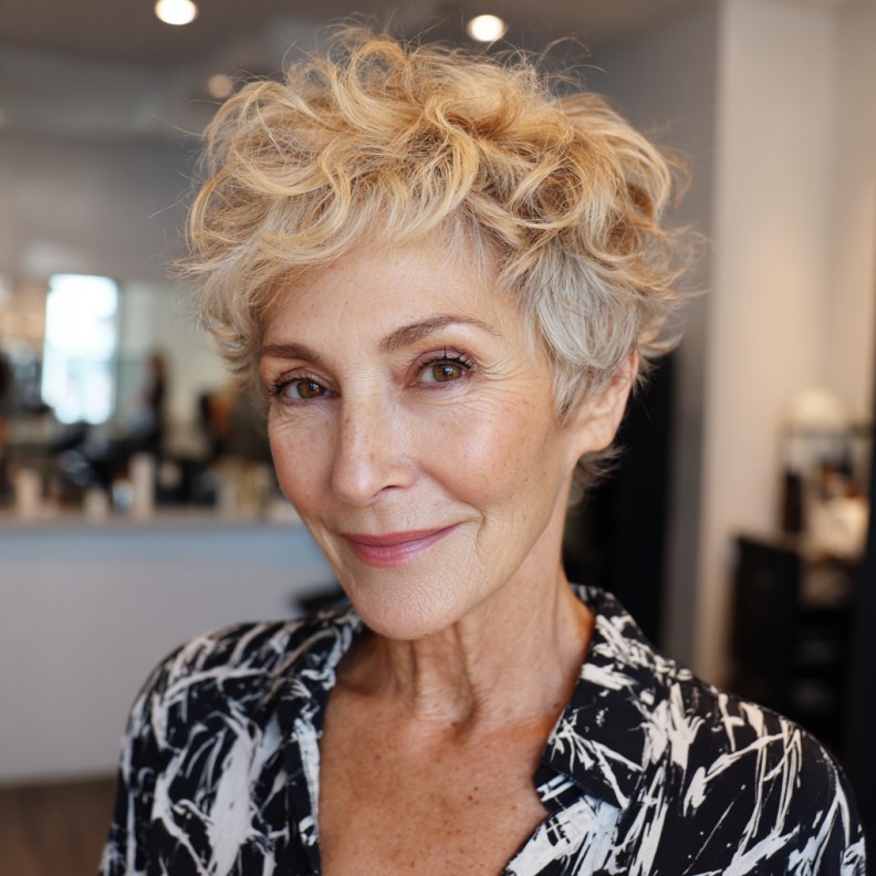 Textured Short Curly Cut with Warm Blonde Highlights