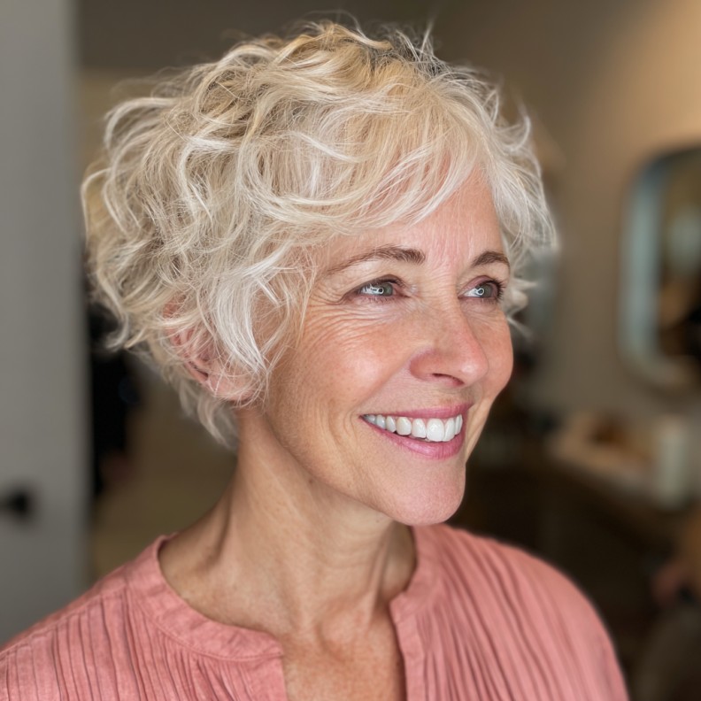 Textured Silver Curly Pixie with Soft Layers
