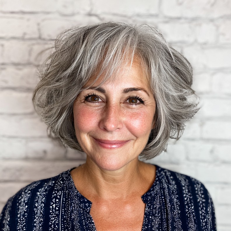 Textured Silver Lob with Playful Angled Bangs