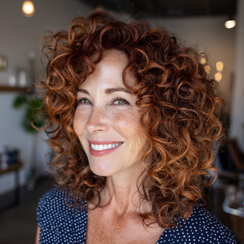 Vibrant Curly Cut with Playful Angled Bangs