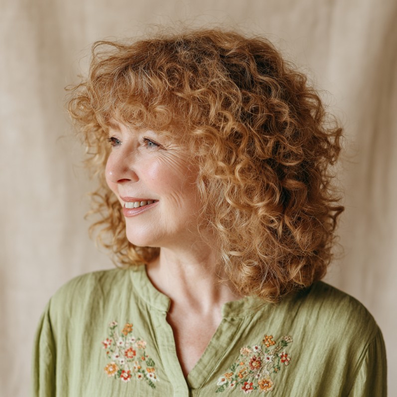 Charming Curly Shoulder-Length Cut with Soft Bangs