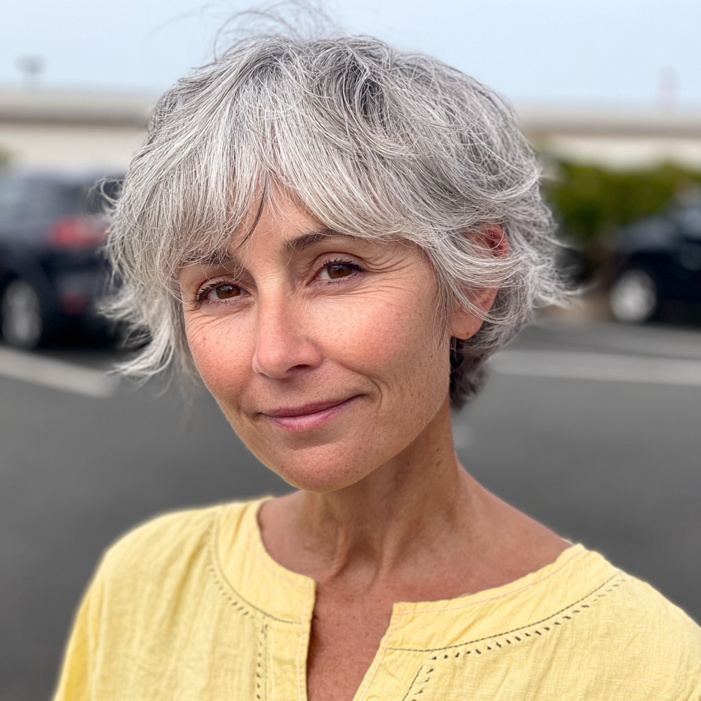 Chic Textured Gray Crop with Feminine Bangs