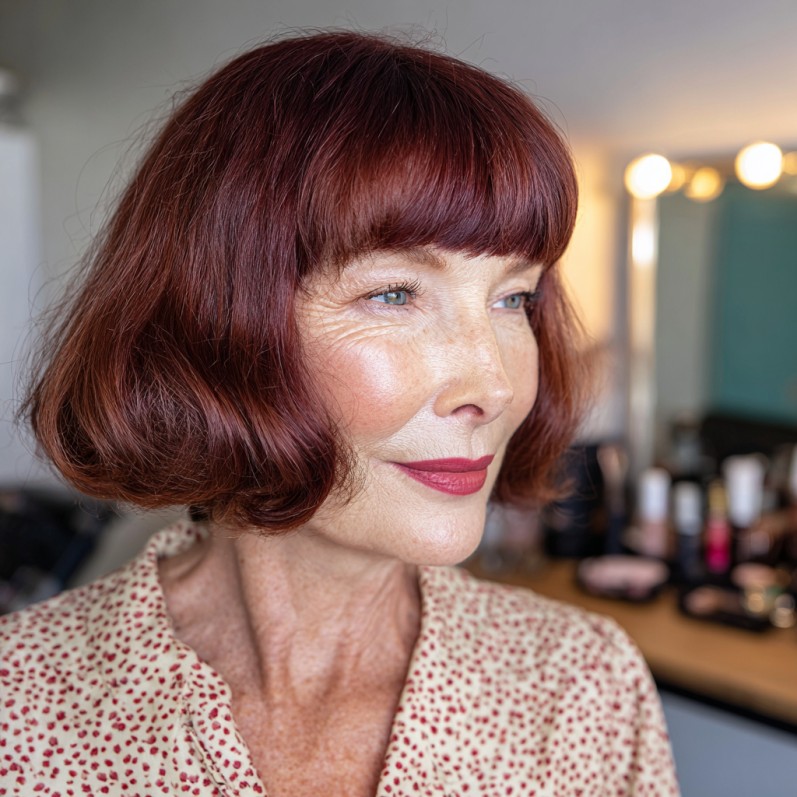 Classic Red Bob with Soft Blunt Bangs