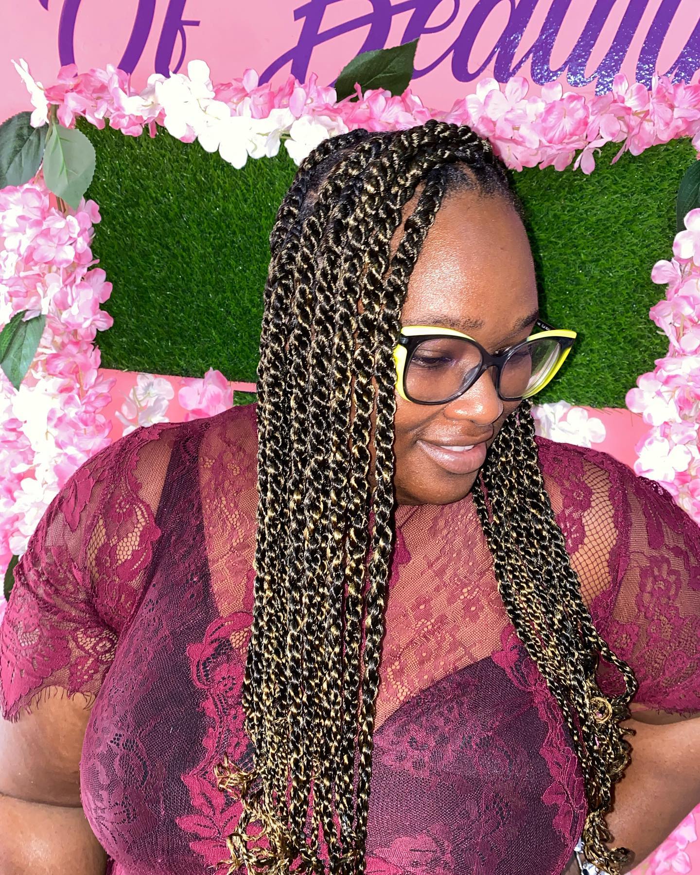 Elegant Long Twisted Jumbo Braids with Golden Accents