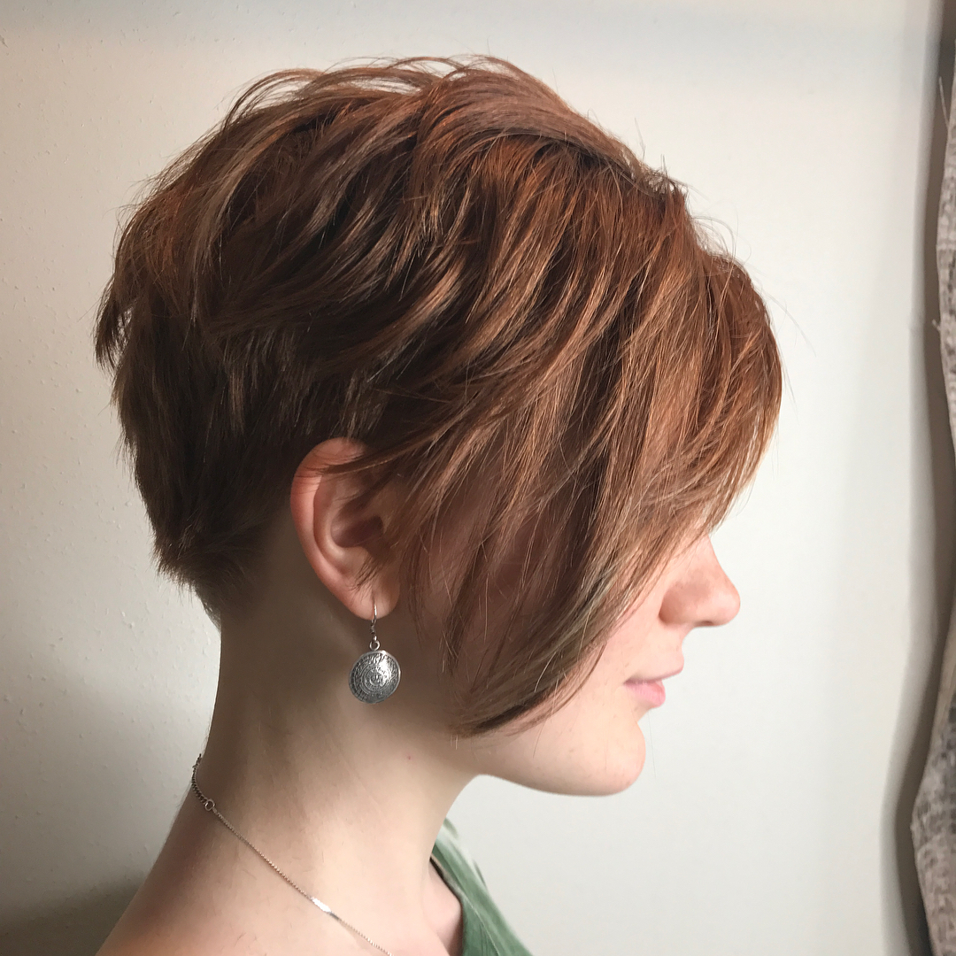 Textured Copper Asymmetrical Pixie with Layered Waves
