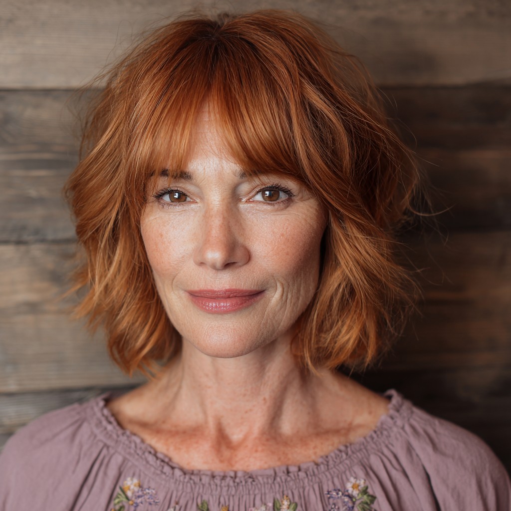 Textured Copper Lob with Soft Bangs