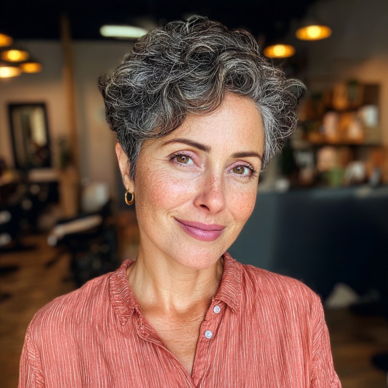 Textured Gray Asymmetrical Pixie with Defined Curls