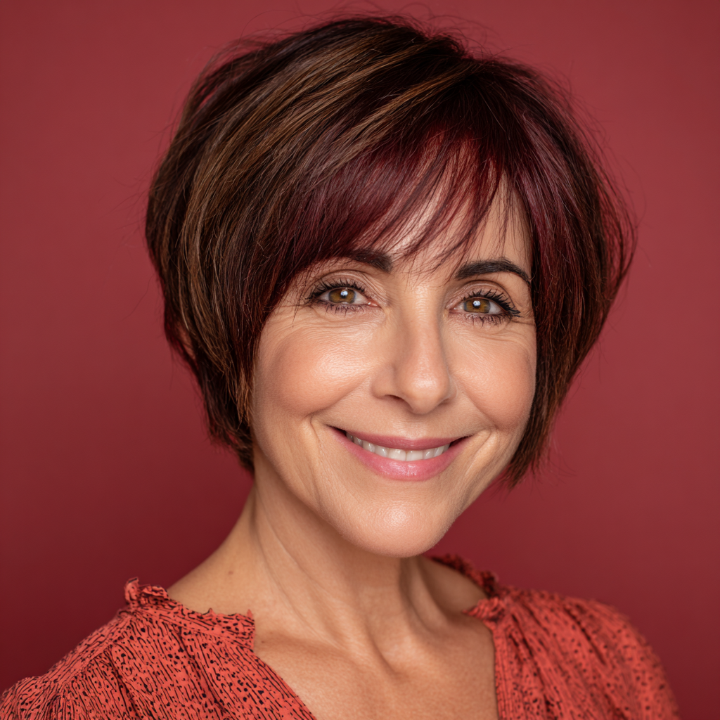 Charming Textured Bob with Angled Bangs and Subtle Highlights
