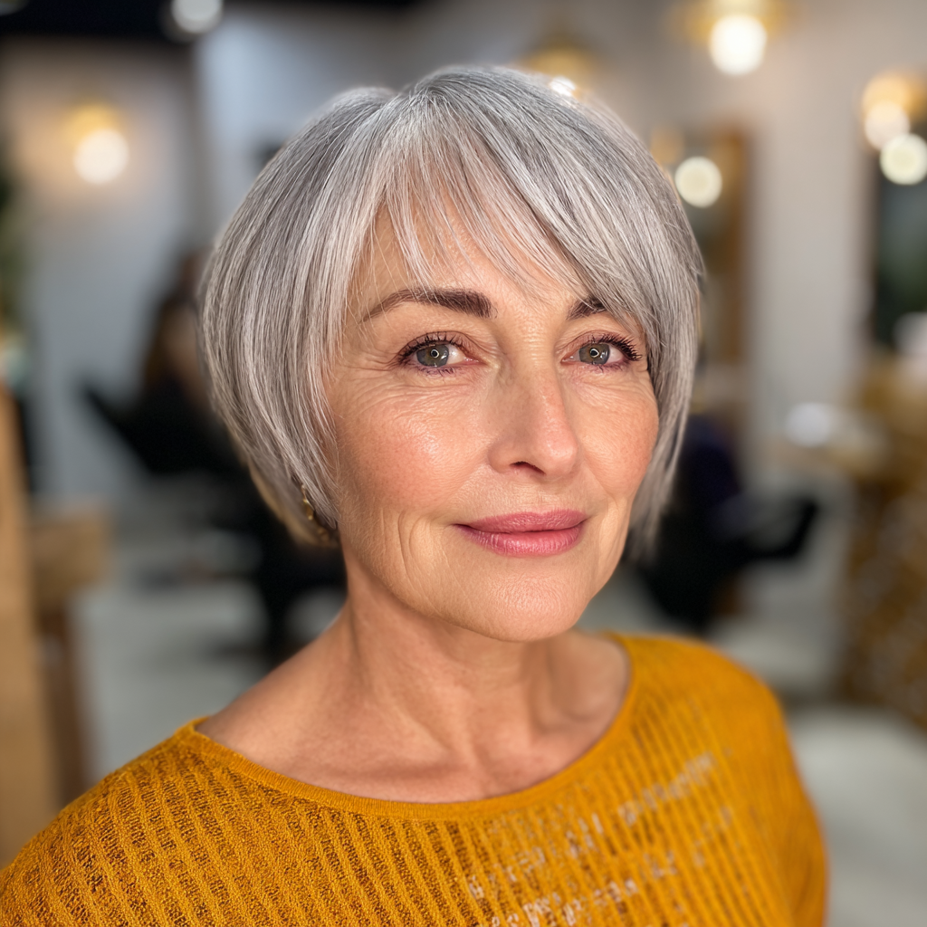 Modern Silver Asymmetrical Bob with Angled Bangs