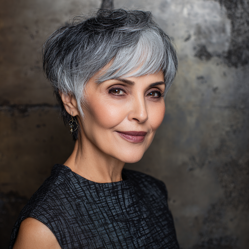 Modern Silvery Textured Pixie with Soft Angled Bangs