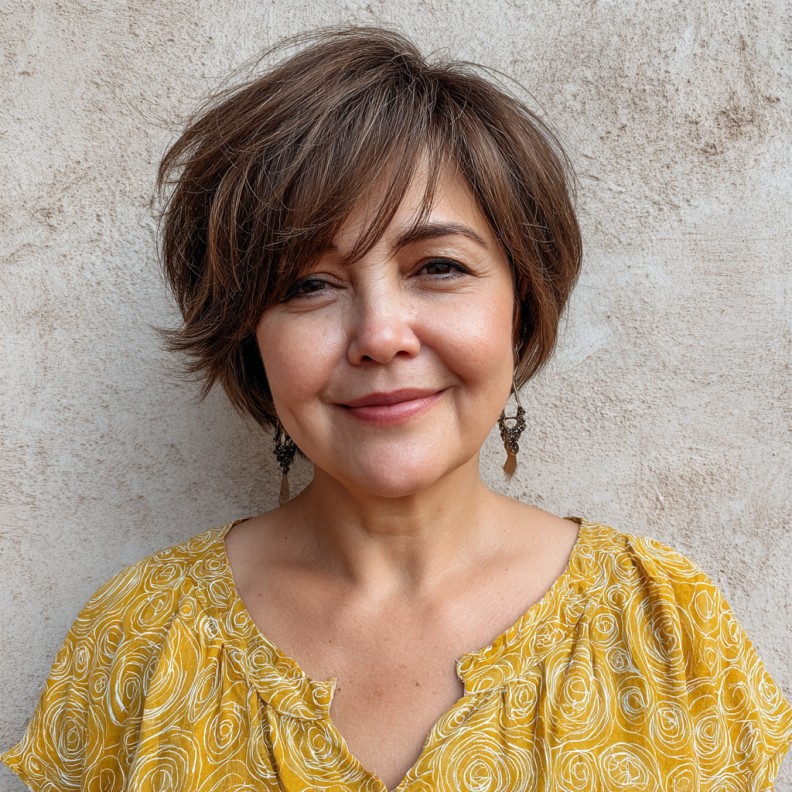 Textured Short Cut with Playful Angled Bangs