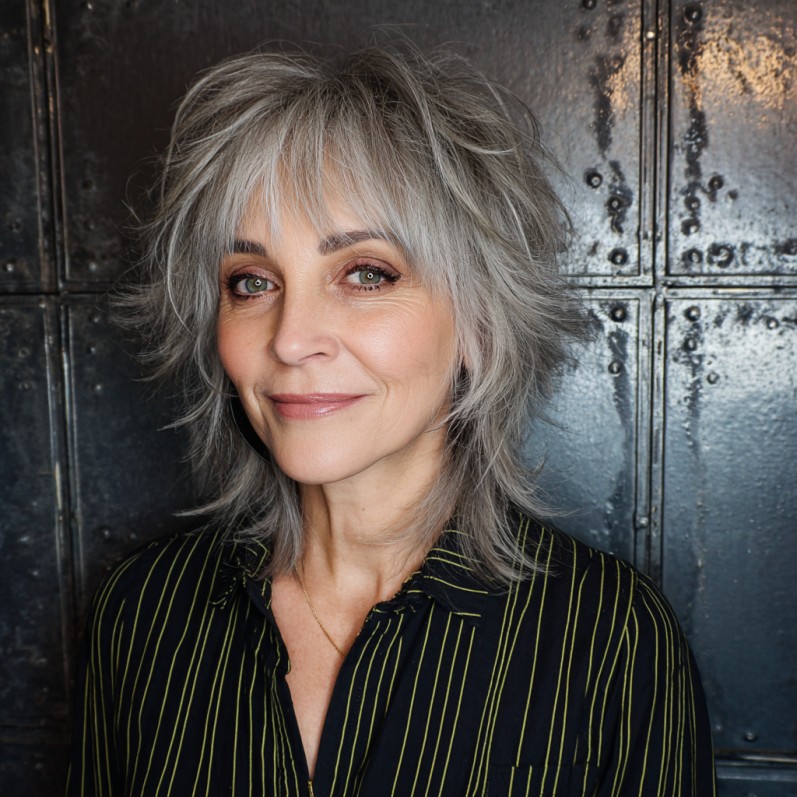 Choppy Gray Shaggy Long Bob with Feathered Layers