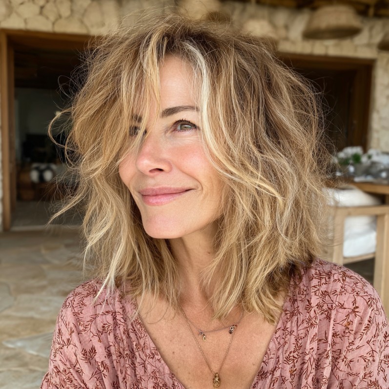 Effortless Textured Shaggy Long Bob with Subtle Highlights