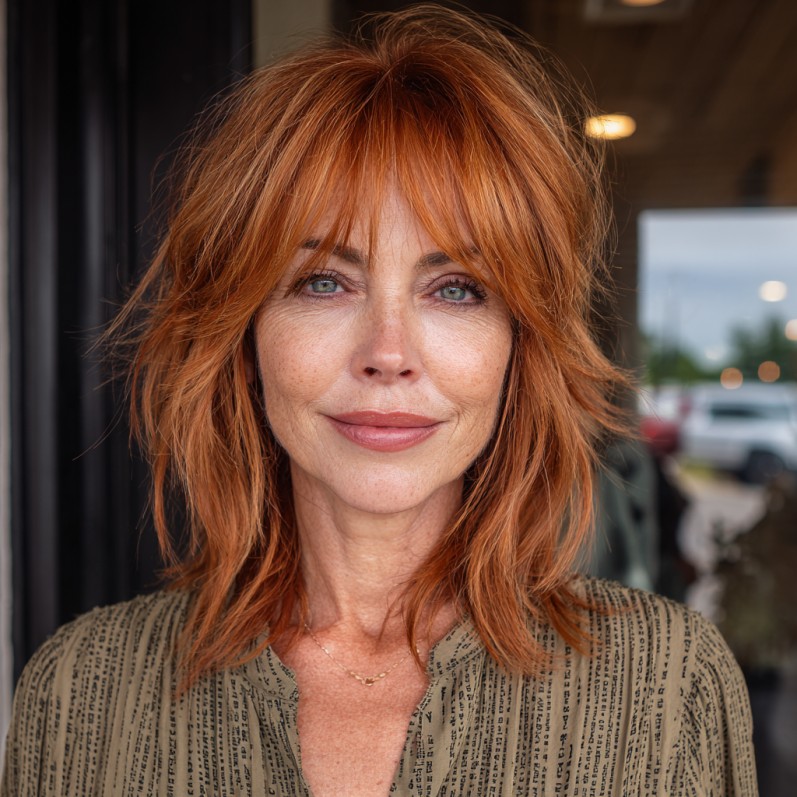 Radiant Copper Shaggy Long Bob with Feathered Layers