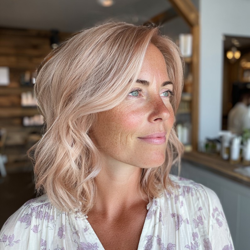 Soft Rose Gold Shaggy Long Bob with Gentle Waves