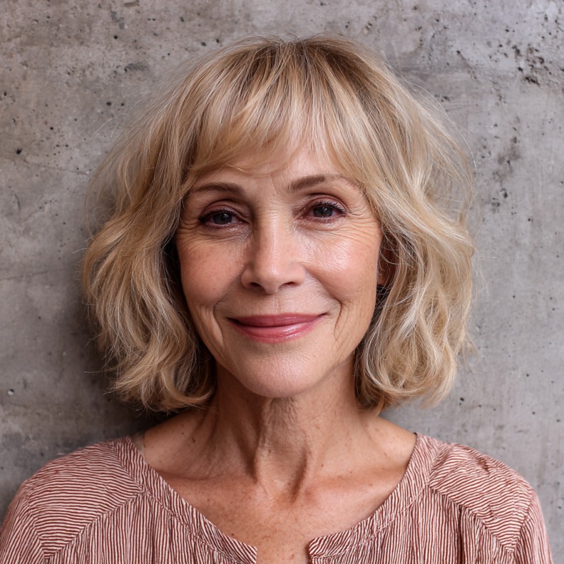 Soft Sandy Blonde Tousled Waves with Face-Framing Bangs