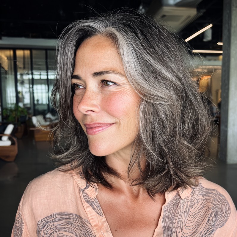 Softly Layered Silver Shaggy Long Bob