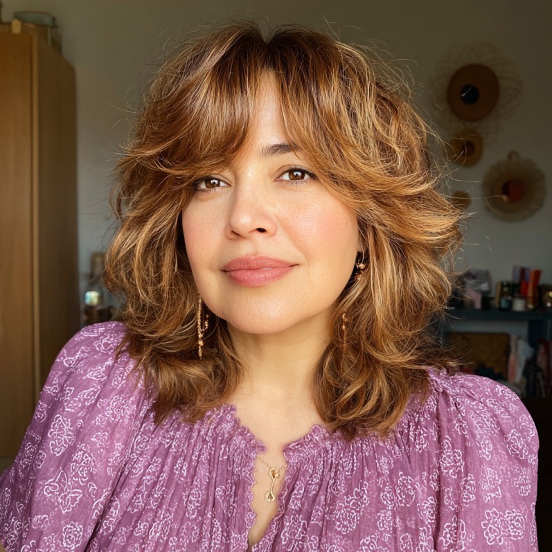 Textured Caramel Shaggy Long Bob with Subtle Face-Framing Layers