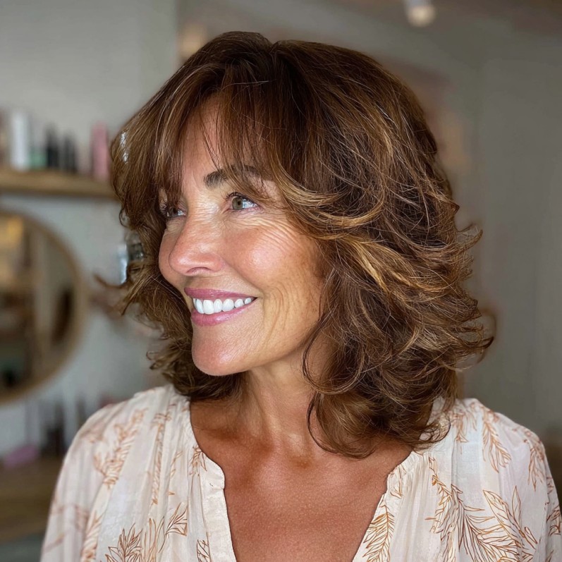 Textured Chestnut Shaggy Long Bob with Soft Bangs