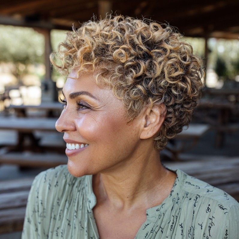 Textured Golden Curly Pixie with Soft Volume