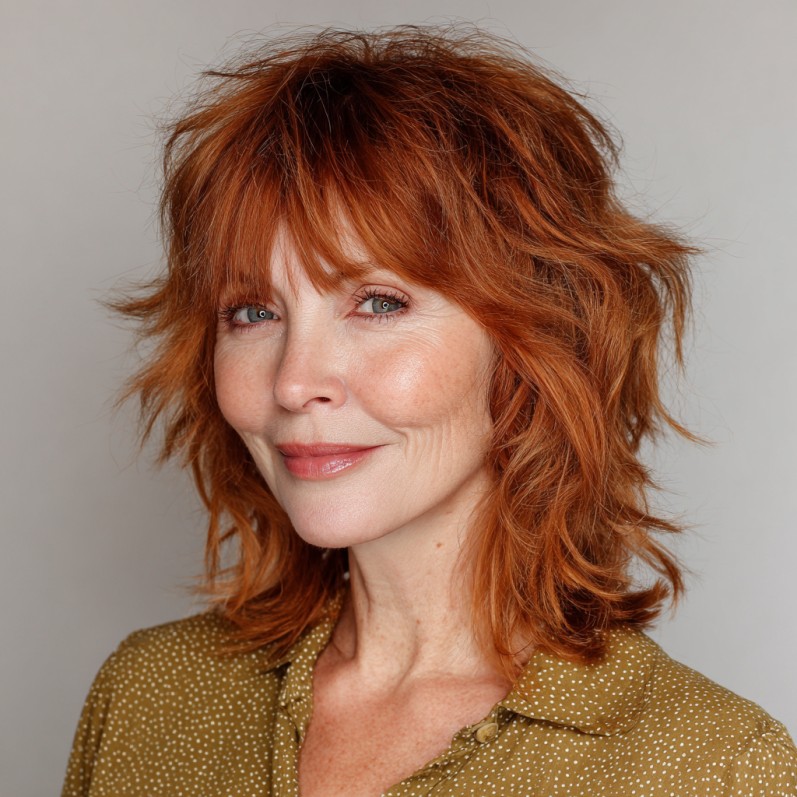 Textured Raspberry Shaggy Long Bob with Wispy Bangs