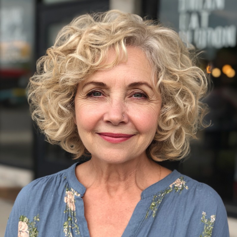 Textured Sandy Blonde Curly Bob with Natural Volume